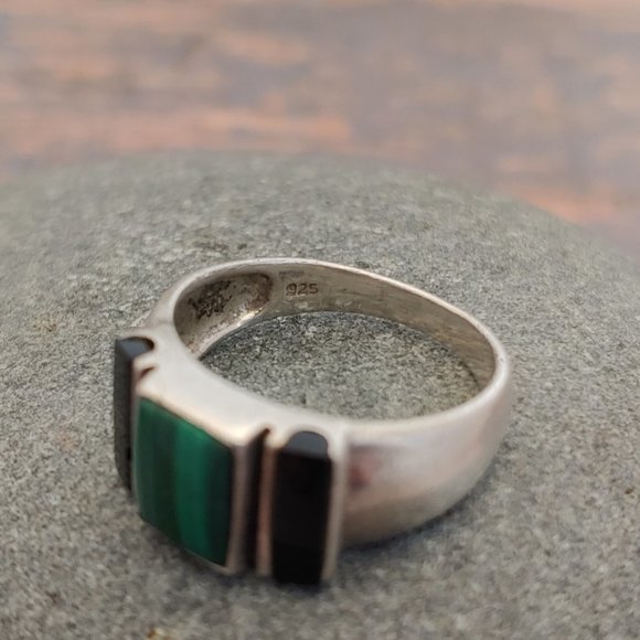 Vintage Sterling Silver Banded Malachite Onyx Ring - Picture 4 of 5